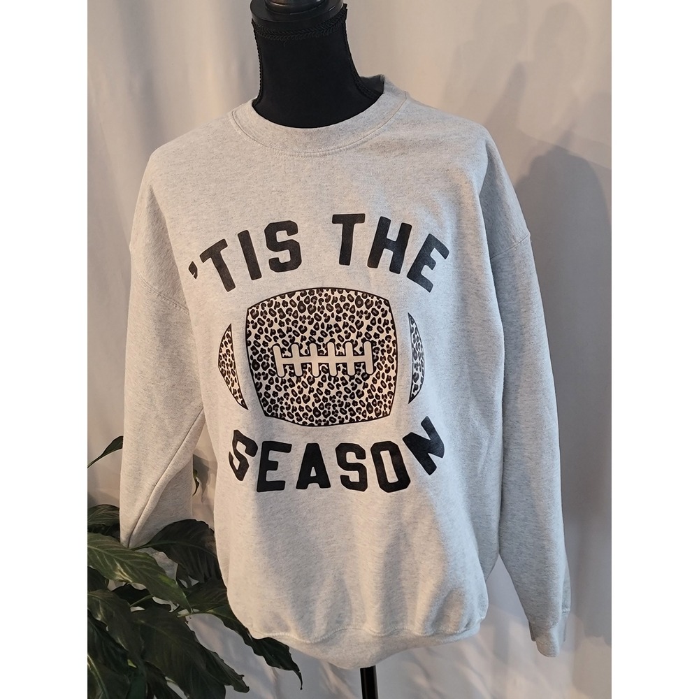 Gildan Heavy Blend Tis The Season Football Leopard Print Sweatshirt Gray Large
